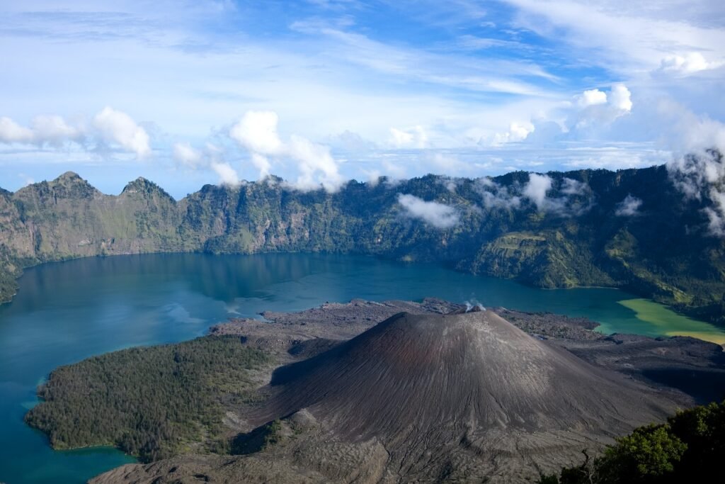 Mount Rinjani crater lake and volcanic landscape
